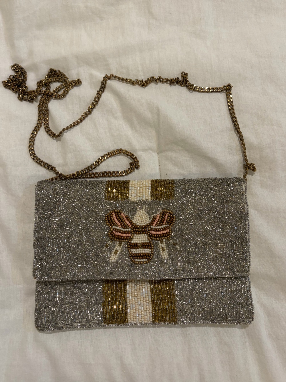 Embellished Silver Beaded Crossbody Bag with Gold Chain